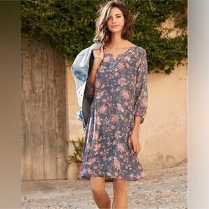 Garnet Hill Bishop Sleeve Silk Dress with Slip Floral‎ Boho 3/4 Sleeves Size 10